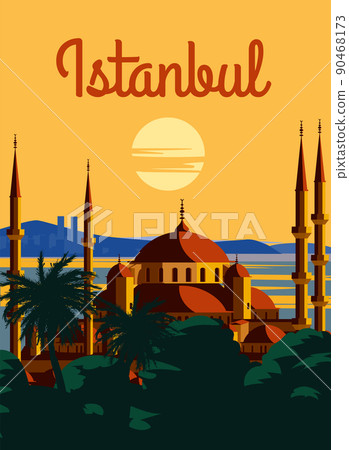 Istanbul retro poster, sunset city Turkey, Noble Hagia Sophia Grand Mosque. Vintage touristic postcard Istanbul retro poster, sunset city Turkey, Noble Hagia Sophia Grand Mosque. Vintage touristic postcard 90468173