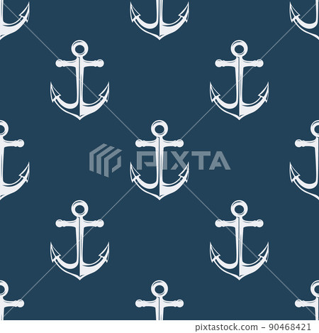 Vector Seamless Pattern with Hand drawn Anchor. Design Template for Textile, Apparel, Wallpapers. White Anchor on Blue. Antique Vintage Marine Anchors 90468421