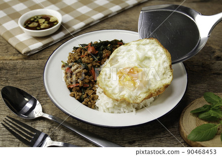 stir fried thai basil with minced pork , pad kra pao stir fried thai basil with minced pork , pad kra pao 90468453