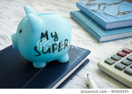 Blue piggy bank with words my super or superannuation fund. 90468495
