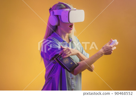 virtual reality technology headset glasses. Latin futuristic cyberpunk female in cyber meta verse 90468552