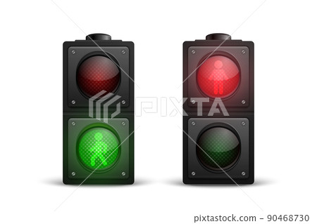 Vector 3d Realistic Detailed Road Traffic Lights Icon Set Isolated. Safety Rules Concept, Design Template. Stoplight, Turned On Traffic Lights with Red and Yellow Light. Pedestrian Traffic Light Vector 3d Realistic Detailed Road Traffic Lights Icon Set Isolated. Safety Rules Concept, Design Template. Stoplight, Turned On Traffic Lights with Red and Yellow Light. Pedestrian Traffic Light 90468730