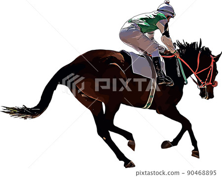 Racehorse with jockey at races. Isolated on a white background Racehorse with jockey at races. Isolated on a white background 90468895