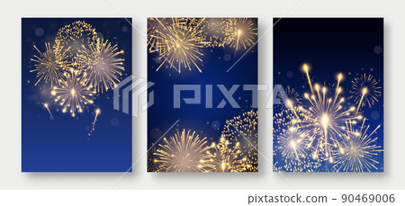 Three posters with fireworks bursting in various shapes. Firework explosion in night. Firecracker rockets bursting in sparkling star balls Three posters with fireworks bursting in various shapes. Firework explosion in night. Firecracker rockets bursting in sparkling star balls 90469006
