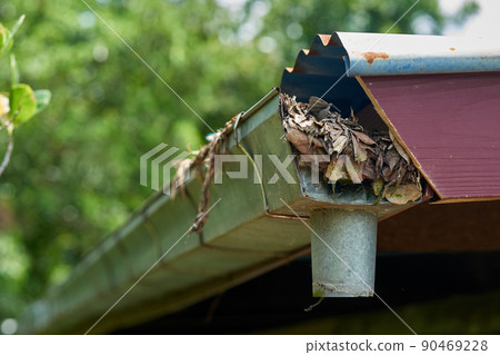 A house gutter is blocked by fallen leaves. 90469228