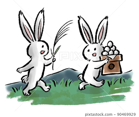 Illustration of two rabbits running in the field with Tsukimi dumplings and Japanese pampas grass (character only) 90469929