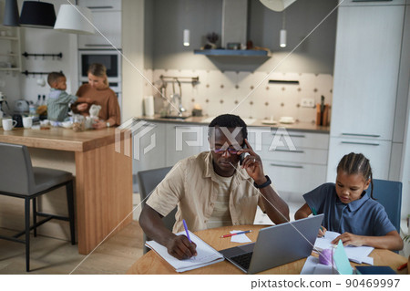 Father Working from Home Biracial Family Father Working from Home Biracial Family 90469997