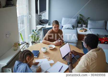 Biracial Family at Home High Angle Biracial Family at Home High Angle 90469998