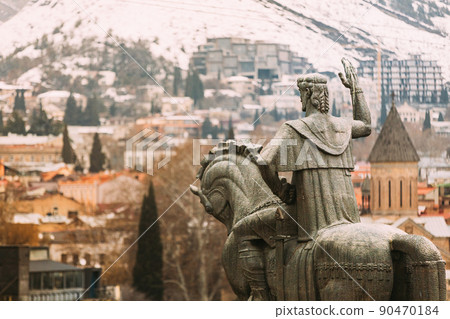 Tbilisi, Georgia. Famous Landmark Equestrian Statue Of King Vakhtang Gorgasali near Metekhi church. Gorgasali monument in Georgian Capital. close up. 90470184