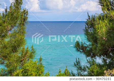 Summer vacation background with turquoise sea water bay and pine trees 90470281