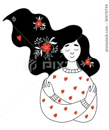 beautiful girl with long hair and flowers hugs herself. Vector illustration in hand drawn doodle style. Concept Love yourself, take care and find time for yourself beautiful girl with long hair and flowers hugs herself. Vector illustration in hand drawn doodle style. Concept Love yourself, take care and find time for yourself 90470744