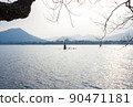 Landscape with the lake, boat, pagoda and mountains. 90471181
