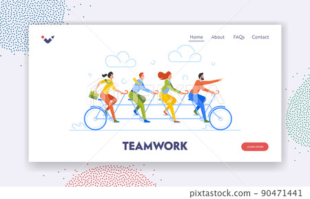 Teamwork Landing Page Template. Business Team Riding Tandem Bicycle. Business Men and Women Characters on Bike 90471441
