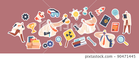 Set of Stickers Crazy Professor Wear Lab Coat and Rubber Gloves. Nuts Doctor Character Conduct Experiment 90471445