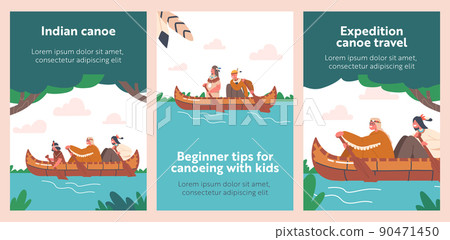 Banners with Native Indian American Children Swim on Canoe, Indigenous Kids Characters Wear Costumes Rowing on Boat 90471450