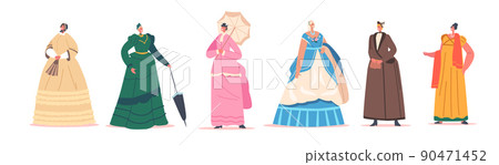 Set of Beautiful 19th Century Ladies in Elegant Gowns, Hats and Accessories. Isolated Victorian English or French Women 90471452