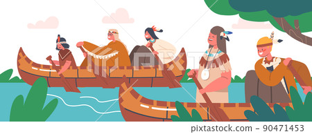 Native Indian American Children Swim on Canoe, Indigenous Kids Characters Wear Costumes Rowing on Wooden Kayak Boat 90471453