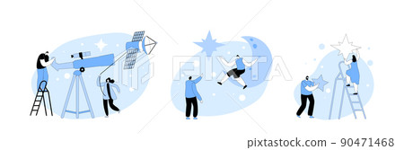 Set Astronomy Science Studying, Characters Looking on Space in Telescope, Woman Pull Sputnik as Kite, Cosmos Exploration 90471468