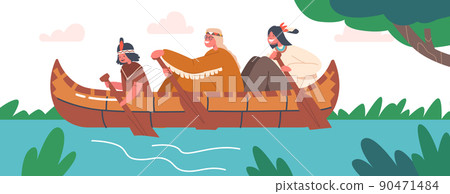 Native Indian American Kids Canoeing, Children Sit in Wooden Canoe Rowing with Paddles, Indigenous Characters on Kayak 90471484