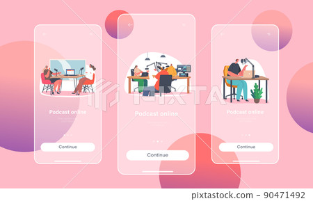 Podcast Online Mobile App Page Onboard Screen Template. Podcaster Characters Wear Headphones Speaking in Microphone Podcast Online Mobile App Page Onboard Screen Template. Podcaster Characters Wear Headphones Speaking in Microphone 90471492