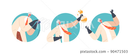 Crazy Professor Isolated Round Icons or Avatars. Nuts Doctor Character Wear Lab Coat and Gloves. Conduct Experiment 90471503