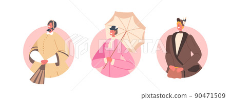 Set 19th Century Ladies Avatars, Isolated Round Icons. Beautiful Victorian Women Wear Elegant Gowns, Hats or Accessories 90471509
