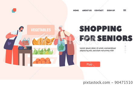 Shopping for Seniors Landing Page Template. Old Woman with Bag Stand at Product Shelf in Store, Aged Lady in Supermarket 90471510