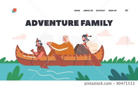 Family Adventure Landing Page Template. Native Indian American Kids Canoeing, Children Rowing in Wooden Canoe Boat 90471513