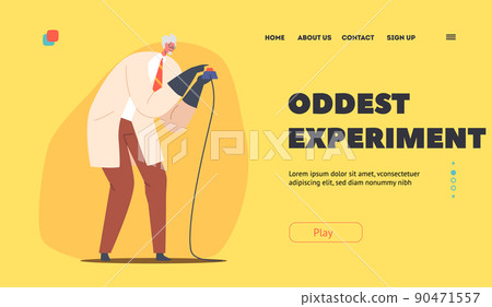 Oddest Experiment Landing Page Template. Crazy Professor Push Red Button with Wire, Mad Doctor Holding Cables Oddest Experiment Landing Page Template. Crazy Professor Push Red Button with Wire, Mad Doctor Holding Cables 90471557