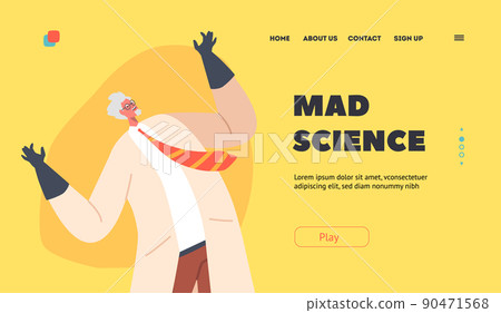 Mad Science Landing Page Template. Evil Professor Laughing, Crazy Doctor Character in Lab Coat and Rubber Gloves 90471568
