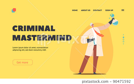 Mad Chemist Landing Page Template. Crazy Professor Holding Chemical Beakers with Liquid Reagent, Nuts Crackpot Scientist 90471592