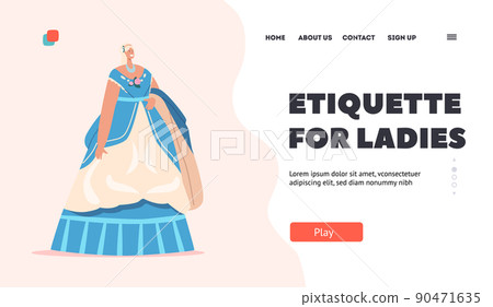 Etiquette for Ladies Landing Page Template. Beautiful Victorian Female Character in Historical Vintage Dress of 19th Century 90471635