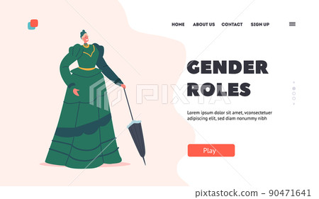 Gender Roles Landing Page Template. Elegant Lady in Vintage Dress with Umbrella, 19th Century European Victorian Woman Gender Roles Landing Page Template. Elegant Lady in Vintage Dress with Umbrella, 19th Century European Victorian Woman 90471641