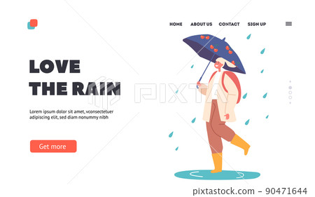 Happy Girl Walk under Umbrella at Rain Landing Page Template. Female Character in Warm Clothes and Rubber Boots Happy Girl Walk under Umbrella at Rain Landing Page Template. Female Character in Warm Clothes and Rubber Boots 90471644