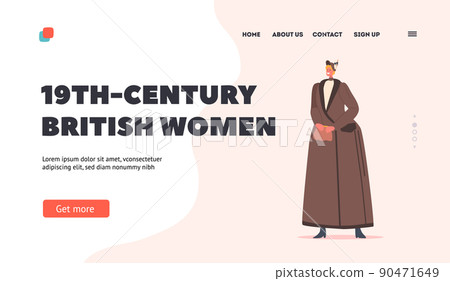 19th Century British Women Landing Page Template. Lady Wear Elegant Vintage Gown and Hat. Victorian Female Fashion 90471649