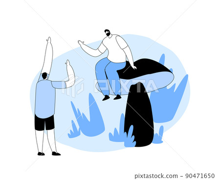 Tiny Men at Huge Fungus, Happy People Walking in Forest, Fall Activity Concept. Characters Spend Time in Autumn Season Tiny Men at Huge Fungus, Happy People Walking in Forest, Fall Activity Concept. Characters Spend Time in Autumn Season 90471650
