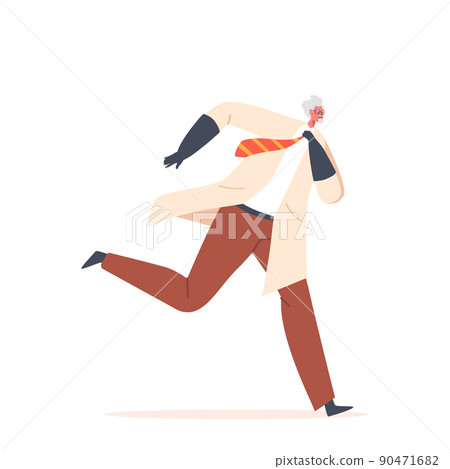 Crazy Professor Wear Lab Coat and Rubber Gloves Run Isolated on White Background. Nuts Doctor Character, Old Scientist Crazy Professor Wear Lab Coat and Rubber Gloves Run Isolated on White Background. Nuts Doctor Character, Old Scientist 90471682