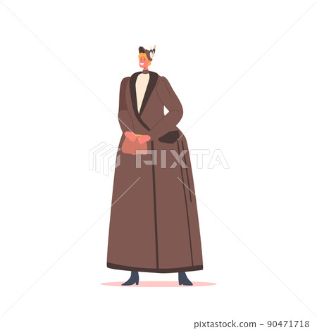 Pretty Vintage Woman, Beautiful 19th Century Lady Wear Elegant Gown and Hat Isolated on White Background 90471718