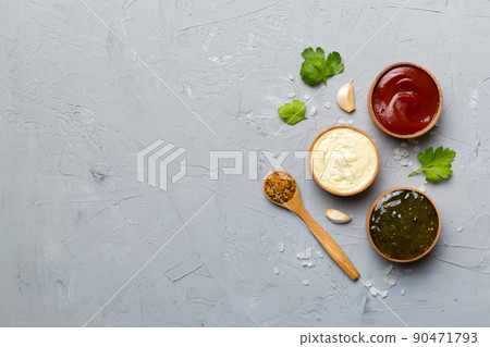 Many different sauces and herbs on table, flat lay top view. sauces with spices healthy concept 90471793