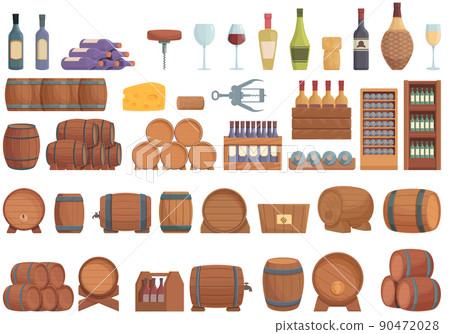 Wine cellar icons set cartoon vector. Barrel keg. Tank alcohol Wine cellar icons set cartoon vector. Barrel keg. Tank alcohol 90472028