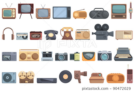 Analogue technology icons set cartoon vector. Audio button. Tape casette Analogue technology icons set cartoon vector. Audio button. Tape casette 90472029