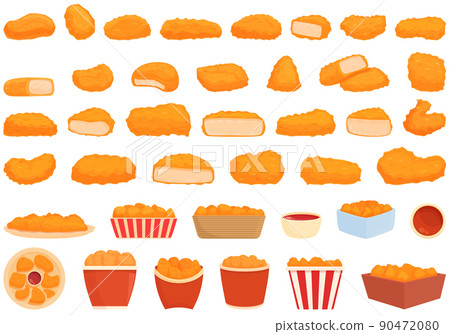 Chicken nuggets icons set cartoon vector. Grill basket. Finger cook 90472080