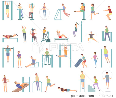 Sport workout on the street icons set cartoon vector. Active training. Street gym 90472083