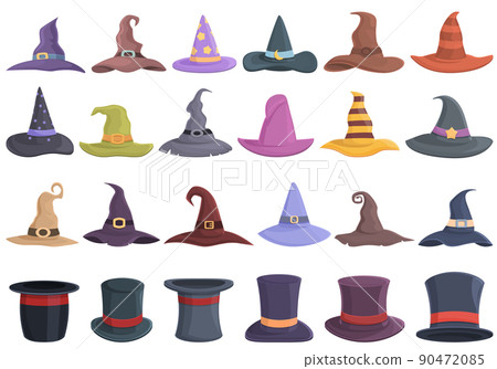 Magic hat icons set cartoon vector. Magician wizard. Rabbit ear Magic hat icons set cartoon vector. Magician wizard. Rabbit ear 90472085