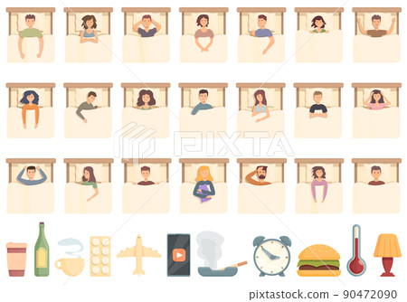 Insomnia icons set cartoon vector. Coffee man. Causes stress 90472090