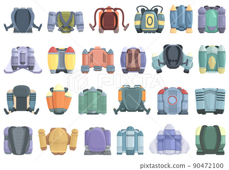 Jetpack icons set cartoon vector. Rocket fly. School boy Jetpack icons set cartoon vector. Rocket fly. School boy 90472100