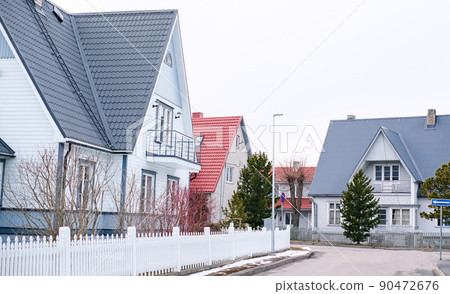 The resort town of Parnu in Estonia with beautiful wooden houses with triangular roofs 90472676