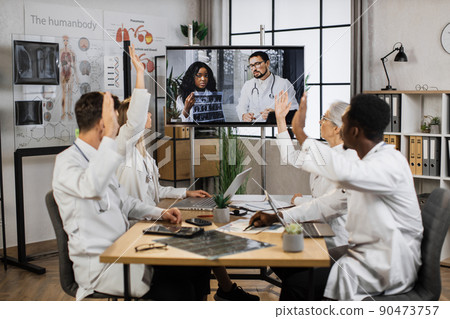 Medical workers voting for new project in modern clinic 90473757