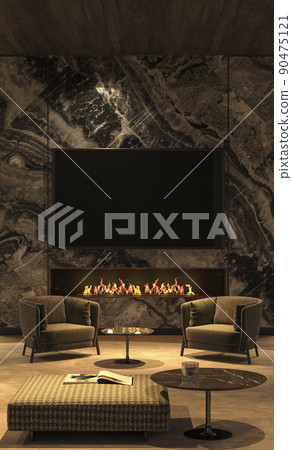 Luxury interior design living room with night lighting, fireplace, marble tv wall, wooden ceiling. 3d render illustration. 90475121