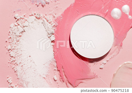 Cosmetics swatches. Peach, beige, red and coral toned styled cosmetics flat lay. Closeup colour palette. Creative concept photo of cosmetics samples. Beauty products on pastel pink background Cosmetics swatches. Peach, beige, red and coral toned styled cosmetics flat lay. Closeup colour palette. Creative concept photo of cosmetics samples. Beauty products on pastel pink background 90475218